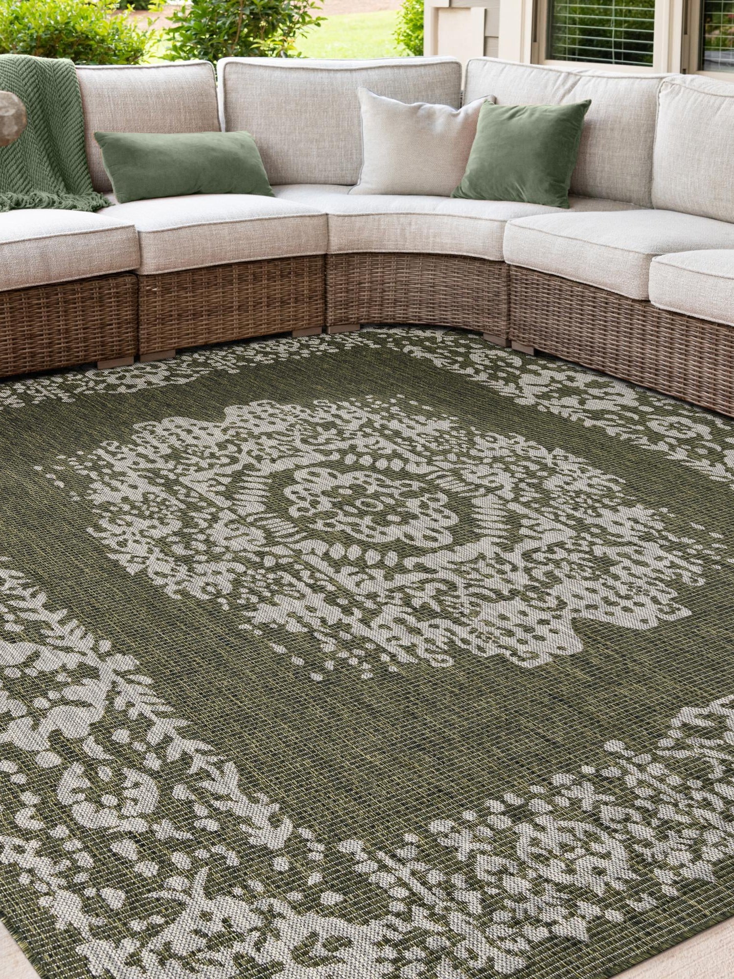 Green 7' 10 x 7' 10 Outdoor Traditional Square Area Rug Weather Resistant for Patio, Deck, Terrace, Balcony, Porch Classical Design Outside Carpet for Sale at Rug Engine