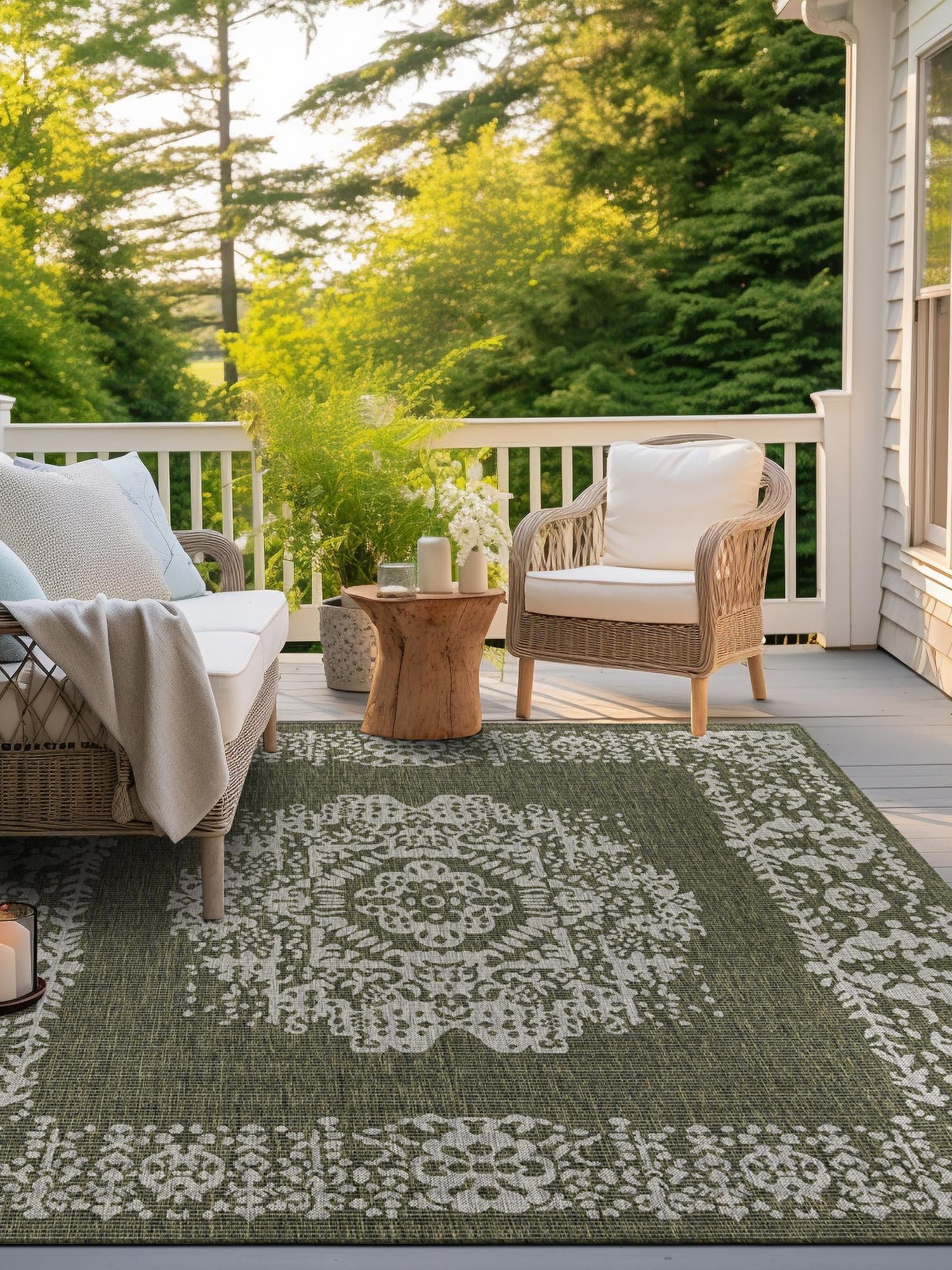 Green 5' 3 x 5' 3 Outdoor Traditional Square Area Rug Weather Resistant for Patio, Deck, Terrace, Balcony, Porch Classical Design Outside Carpet for Sale at Rug Engine