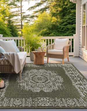 Green 5' 3 x 5' 3 Outdoor Traditional Square Area Rug Weather Resistant for Patio, Deck, Terrace, Balcony, Porch Classical Design Outside Carpet for Sale at Rug Engine