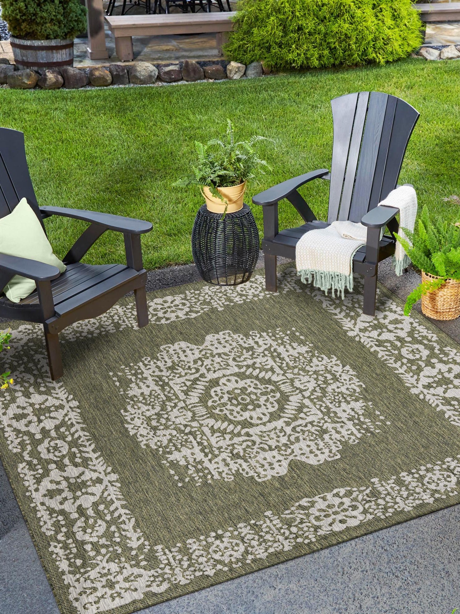Green 5' 3 x 5' 3 Outdoor Traditional Square Area Rug Weather Resistant for Patio, Deck, Terrace, Balcony, Porch Classical Design Outside Carpet for Sale at Rug Engine