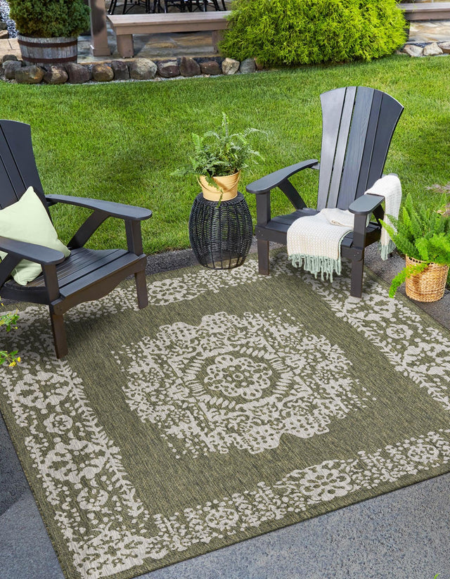 Green 7' 10 x 7' 10 Outdoor Traditional Square Area Rug Weather Resistant for Patio, Deck, Terrace, Balcony, Porch Classical Design Outside Carpet for Sale at Rug Engine