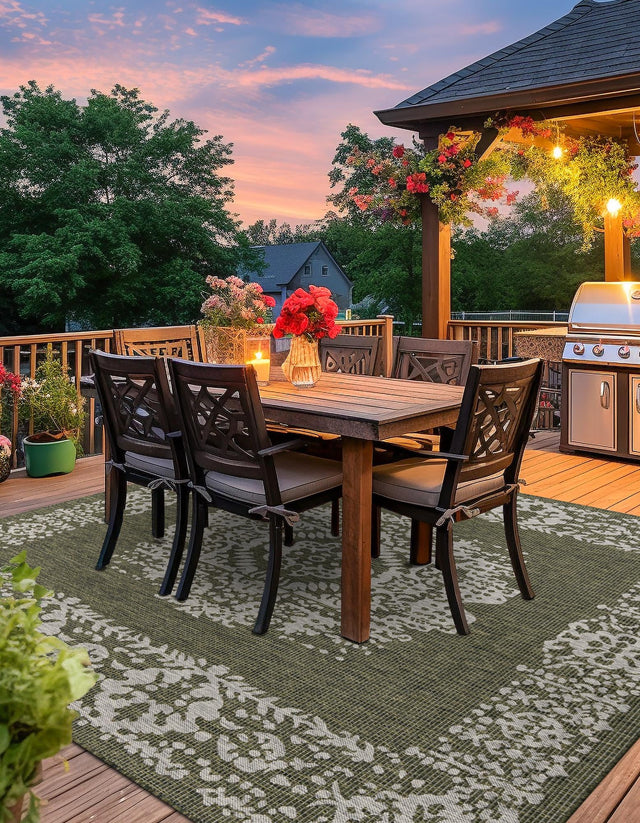 Green 10' x 10' Outdoor Traditional Square Area Rug Weather Resistant for Patio, Deck, Terrace, Balcony, Porch Classical Design Outside Carpet for Sale at Rug Engine