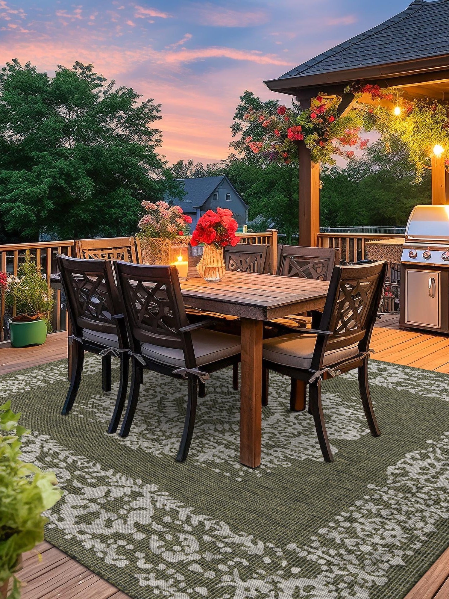 Green 5' 3 x 5' 3 Outdoor Traditional Square Area Rug Weather Resistant for Patio, Deck, Terrace, Balcony, Porch Classical Design Outside Carpet for Sale at Rug Engine