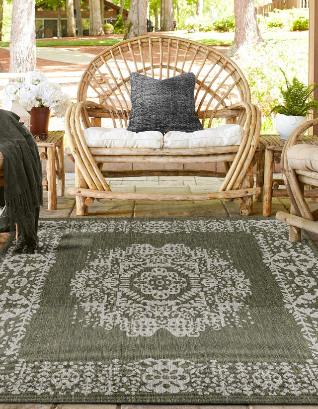 Green 10' x 10' Outdoor Traditional Square Area Rug Weather Resistant for Patio, Deck, Terrace, Balcony, Porch Classical Design Outside Carpet for Sale at Rug Engine