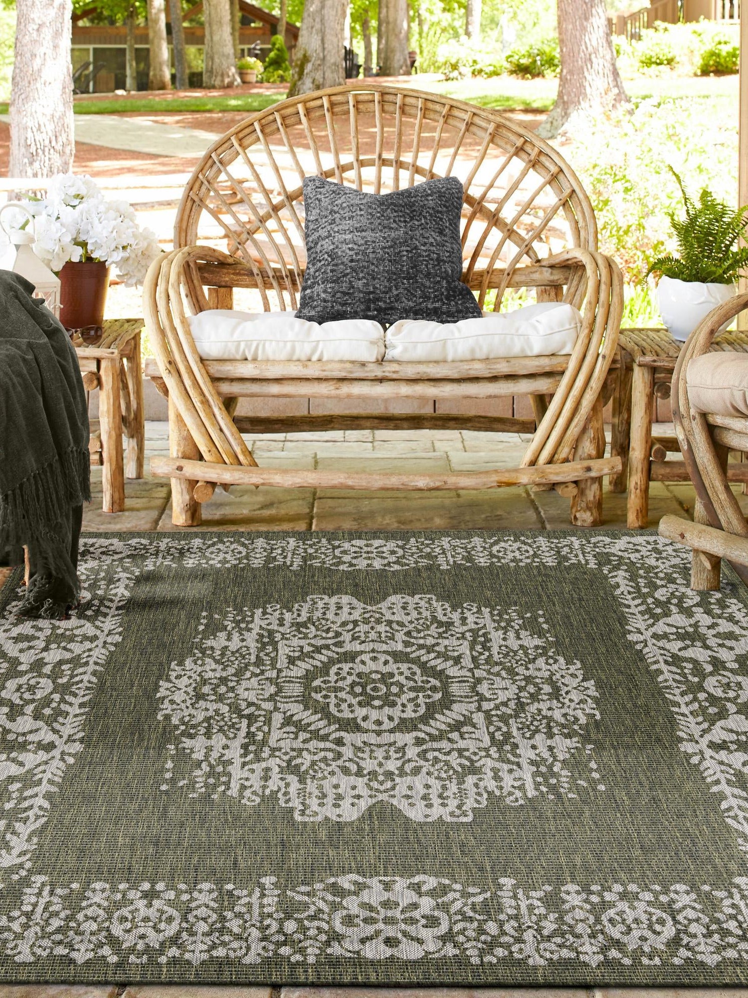 Green 7' 10 x 7' 10 Outdoor Traditional Square Area Rug Weather Resistant for Patio, Deck, Terrace, Balcony, Porch Classical Design Outside Carpet for Sale at Rug Engine