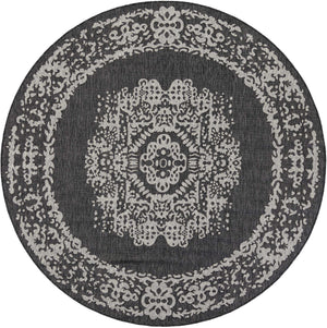 Charcoal Gray 7' 10 x 7' 10 Outdoor Traditional Round Area Rug Weather Resistant for Patio, Deck, Terrace, Balcony, Porch Classical Design Outside Carpet for Sale at Rug Engine
