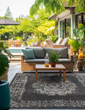 Charcoal Gray 6' 1 x 6' 1 Outdoor Traditional Square Area Rug Weather Resistant for Patio, Deck, Terrace, Balcony, Porch Classical Design Outside Carpet for Sale at Rug Engine