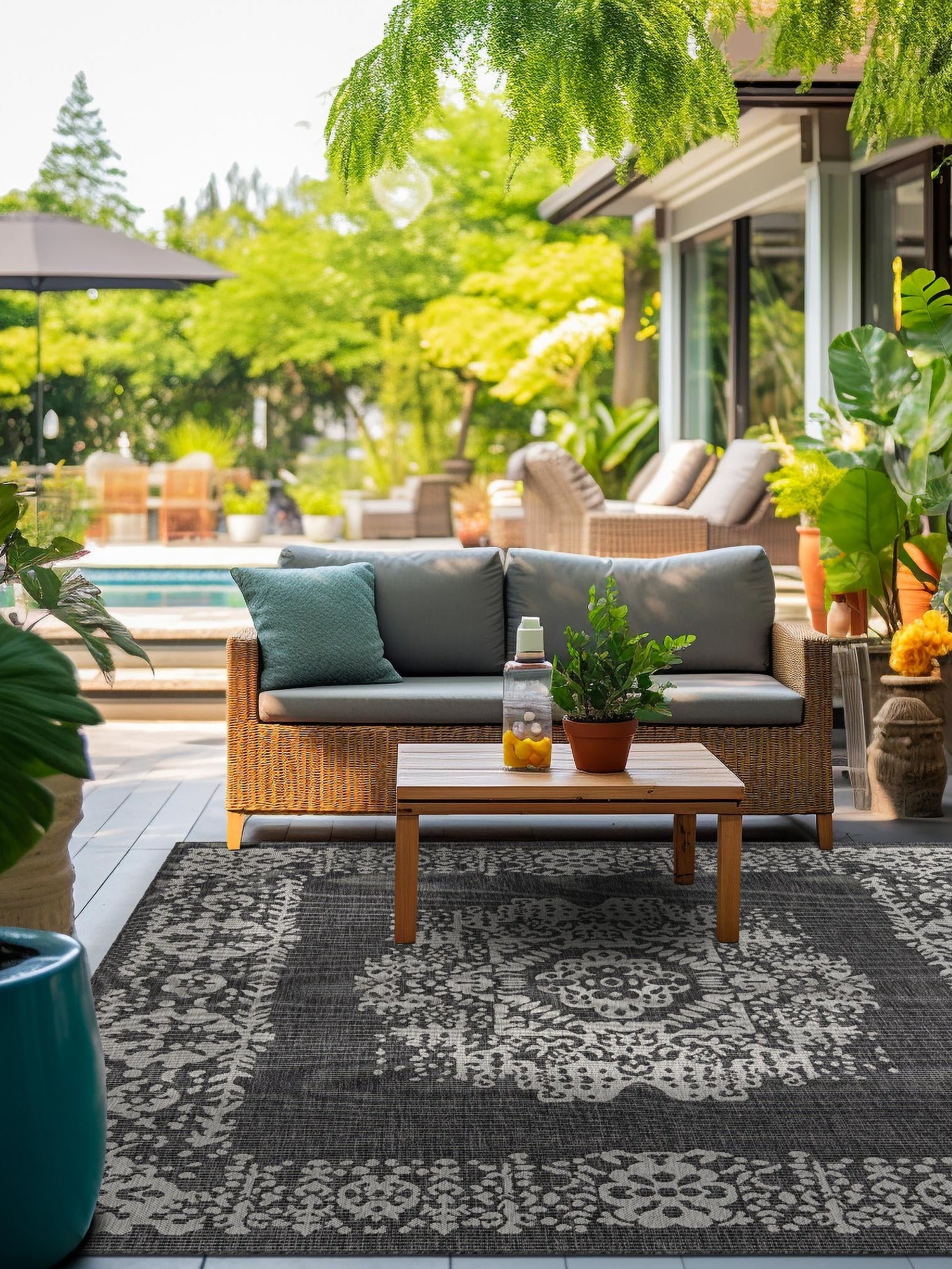 Charcoal Gray 10' x 10' Outdoor Traditional Square Area Rug Weather Resistant for Patio, Deck, Terrace, Balcony, Porch Classical Design Outside Carpet for Sale at Rug Engine
