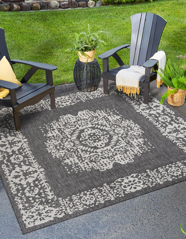 Charcoal Gray 6' 1 x 6' 1 Outdoor Traditional Square Area Rug Weather Resistant for Patio, Deck, Terrace, Balcony, Porch Classical Design Outside Carpet for Sale at Rug Engine