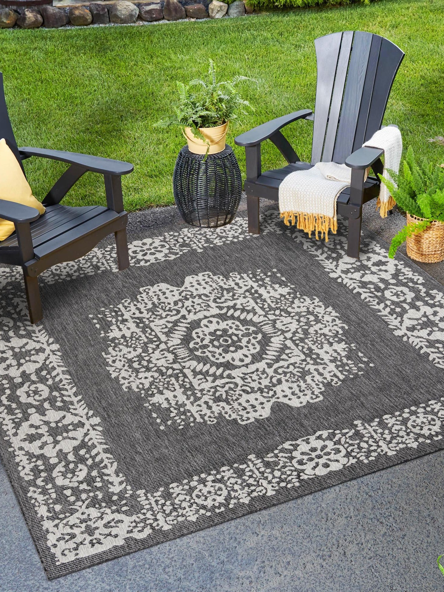 Charcoal Gray 10' x 10' Outdoor Traditional Square Area Rug Weather Resistant for Patio, Deck, Terrace, Balcony, Porch Classical Design Outside Carpet for Sale at Rug Engine