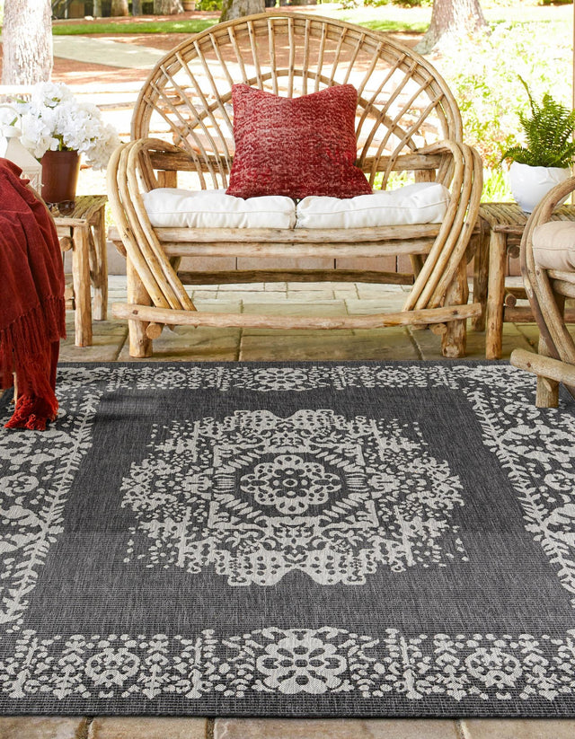 Charcoal Gray 6' 1 x 6' 1 Outdoor Traditional Square Area Rug Weather Resistant for Patio, Deck, Terrace, Balcony, Porch Classical Design Outside Carpet for Sale at Rug Engine