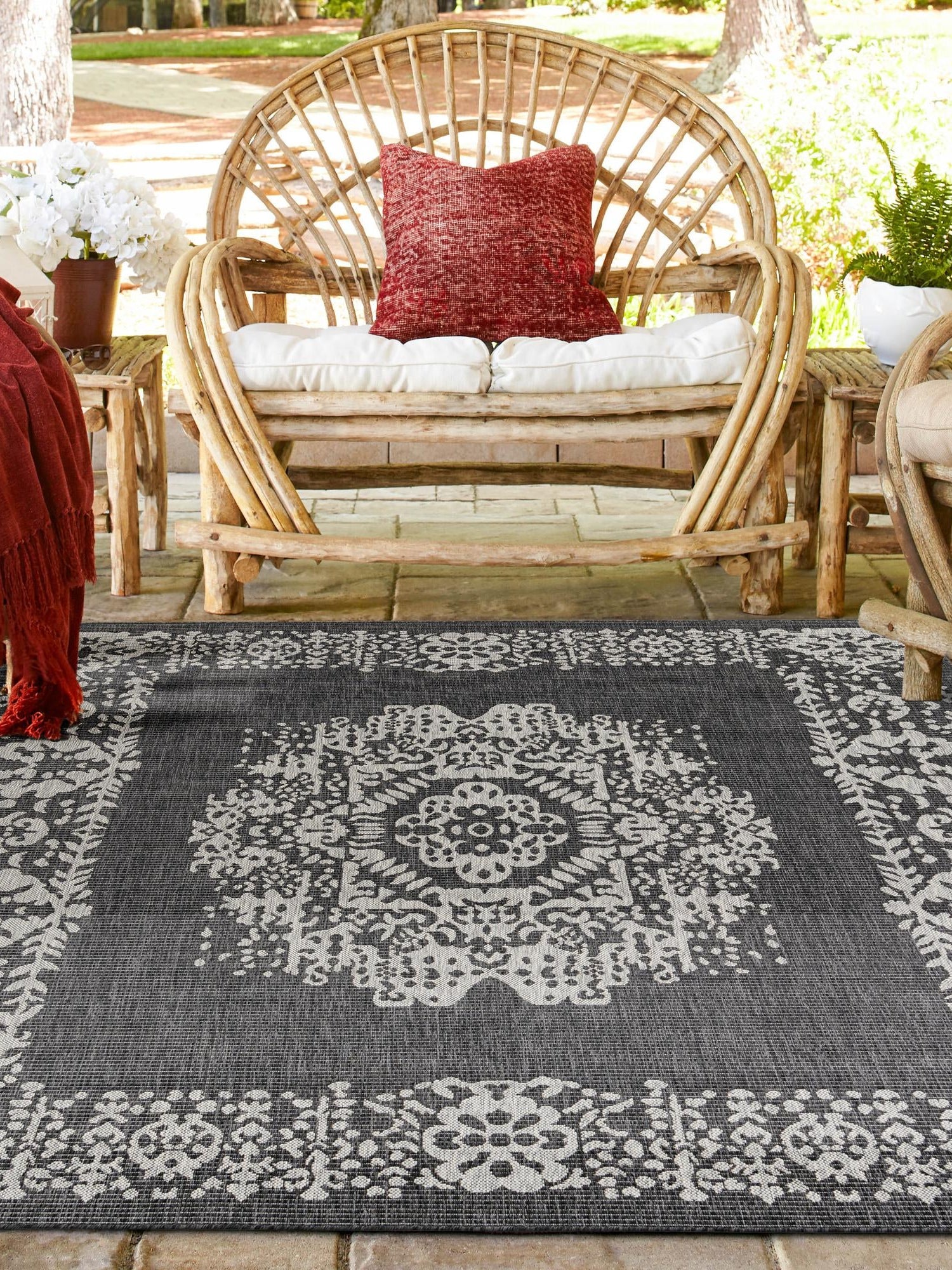 Charcoal Gray 5' 3 x 5' 3 Outdoor Traditional Square Area Rug Weather Resistant for Patio, Deck, Terrace, Balcony, Porch Classical Design Outside Carpet for Sale at Rug Engine
