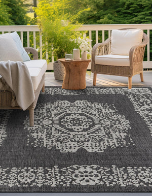 Charcoal Gray 6' 1 x 6' 1 Outdoor Traditional Square Area Rug Weather Resistant for Patio, Deck, Terrace, Balcony, Porch Classical Design Outside Carpet for Sale at Rug Engine