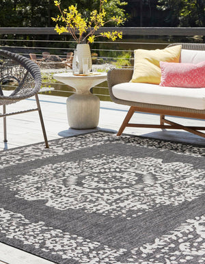 Charcoal Gray 6' 1 x 6' 1 Outdoor Traditional Square Area Rug Weather Resistant for Patio, Deck, Terrace, Balcony, Porch Classical Design Outside Carpet for Sale at Rug Engine