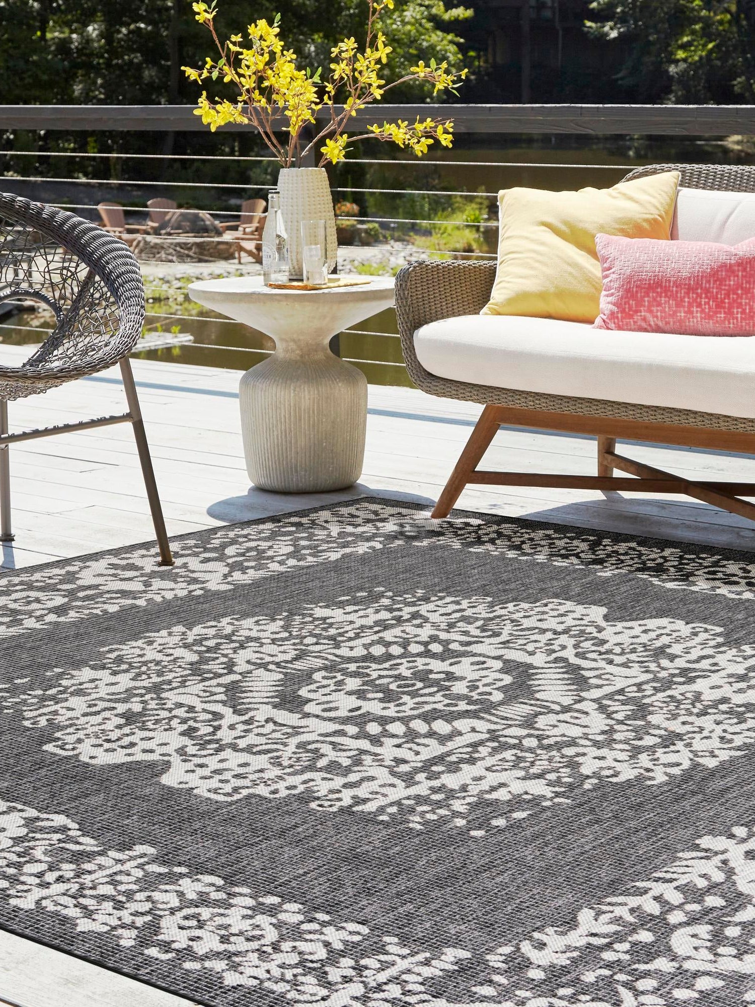 Charcoal Gray 5' 3 x 5' 3 Outdoor Traditional Square Area Rug Weather Resistant for Patio, Deck, Terrace, Balcony, Porch Classical Design Outside Carpet for Sale at Rug Engine