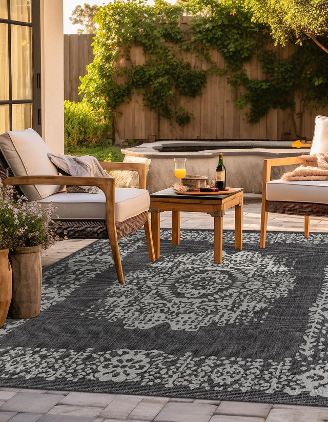 Charcoal Gray 6' 1 x 6' 1 Outdoor Traditional Square Area Rug Weather Resistant for Patio, Deck, Terrace, Balcony, Porch Classical Design Outside Carpet for Sale at Rug Engine