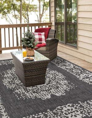 Charcoal Gray 6' 1 x 6' 1 Outdoor Traditional Square Area Rug Weather Resistant for Patio, Deck, Terrace, Balcony, Porch Classical Design Outside Carpet for Sale at Rug Engine