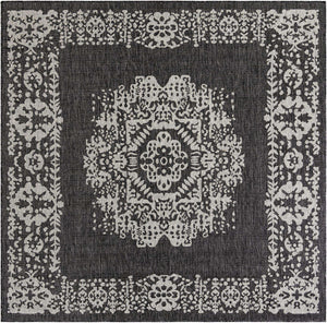 Charcoal Gray 7' 10 x 7' 10 Outdoor Traditional Square Area Rug Weather Resistant for Patio, Deck, Terrace, Balcony, Porch Classical Design Outside Carpet for Sale at Rug Engine