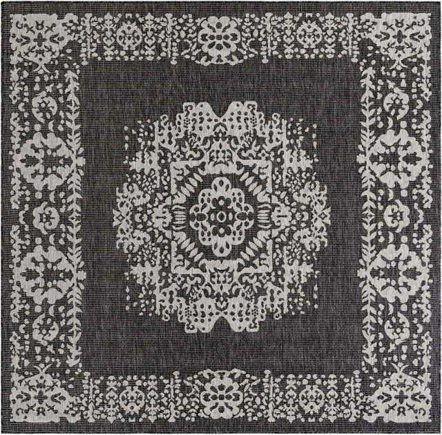 Charcoal Gray 7' 10 x 7' 10 Outdoor Traditional Square Area Rug Weather Resistant for Patio, Deck, Terrace, Balcony, Porch Classical Design Outside Carpet for Sale at Rug Engine