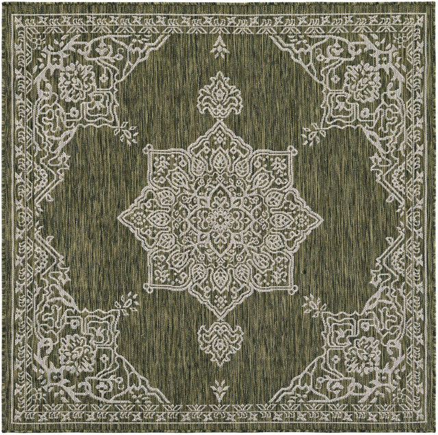 Green 5' 3 x 5' 3 Outdoor Traditional Square Area Rug Weather Resistant for Patio, Deck, Terrace, Balcony, Porch Classical Design Outside Carpet for Sale at Rug Engine