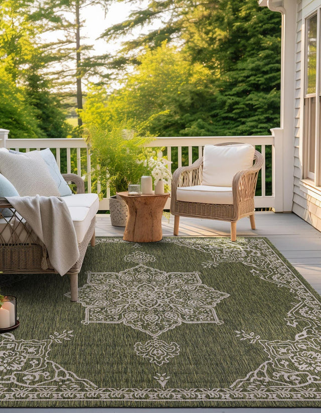 Green 12' x 12' Outdoor Traditional Square Area Rug Weather Resistant for Patio, Deck, Terrace, Balcony, Porch Classical Design Outside Carpet for Sale at Rug Engine