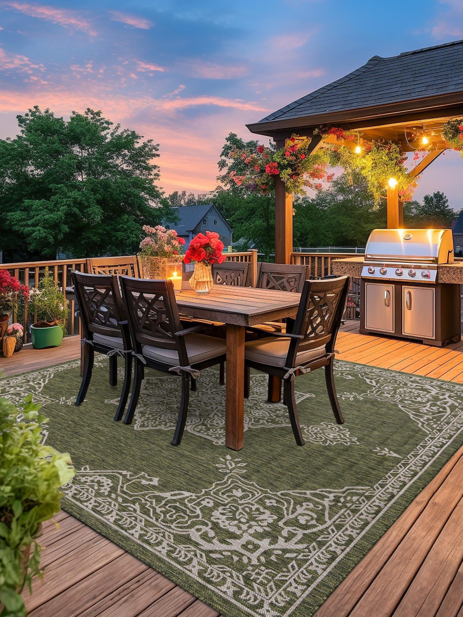Green 12' x 12' Outdoor Traditional Square Area Rug Weather Resistant for Patio, Deck, Terrace, Balcony, Porch Classical Design Outside Carpet for Sale at Rug Engine