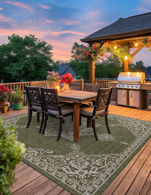 Green 12' x 12' Outdoor Traditional Square Area Rug Weather Resistant for Patio, Deck, Terrace, Balcony, Porch Classical Design Outside Carpet for Sale at Rug Engine