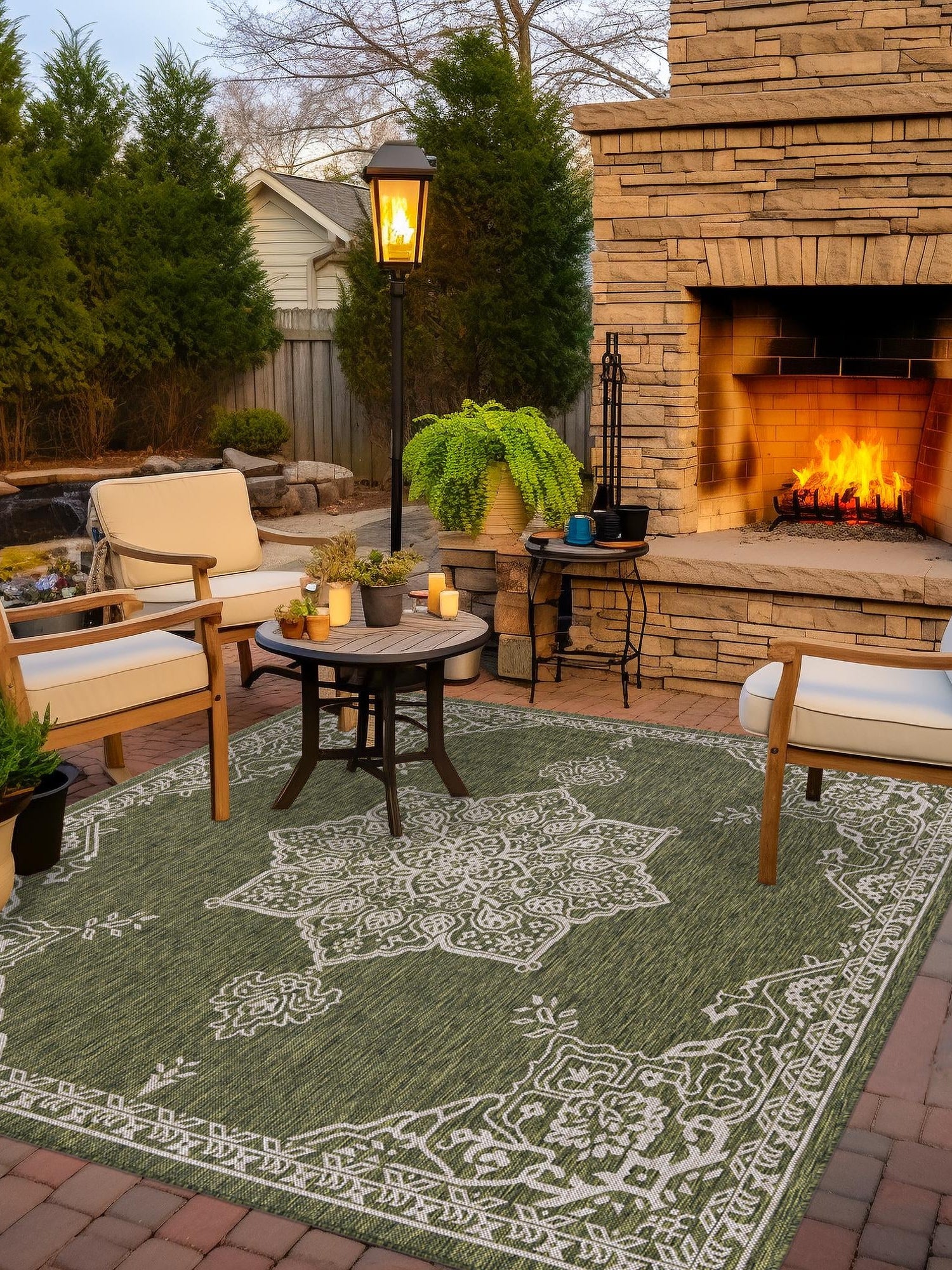 Green 12' x 12' Outdoor Traditional Square Area Rug Weather Resistant for Patio, Deck, Terrace, Balcony, Porch Classical Design Outside Carpet for Sale at Rug Engine