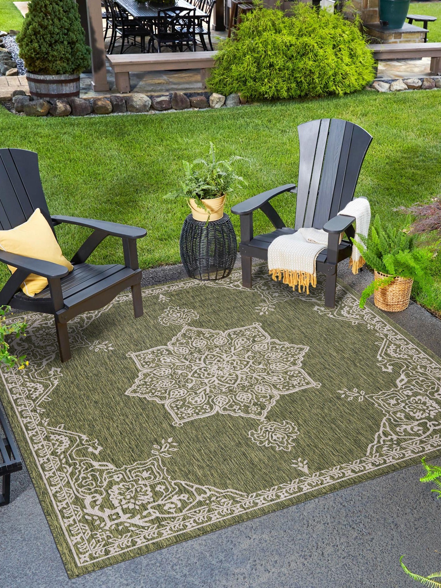 Green 12' x 12' Outdoor Traditional Square Area Rug Weather Resistant for Patio, Deck, Terrace, Balcony, Porch Classical Design Outside Carpet for Sale at Rug Engine