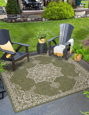Green 12' x 12' Outdoor Traditional Square Area Rug Weather Resistant for Patio, Deck, Terrace, Balcony, Porch Classical Design Outside Carpet for Sale at Rug Engine