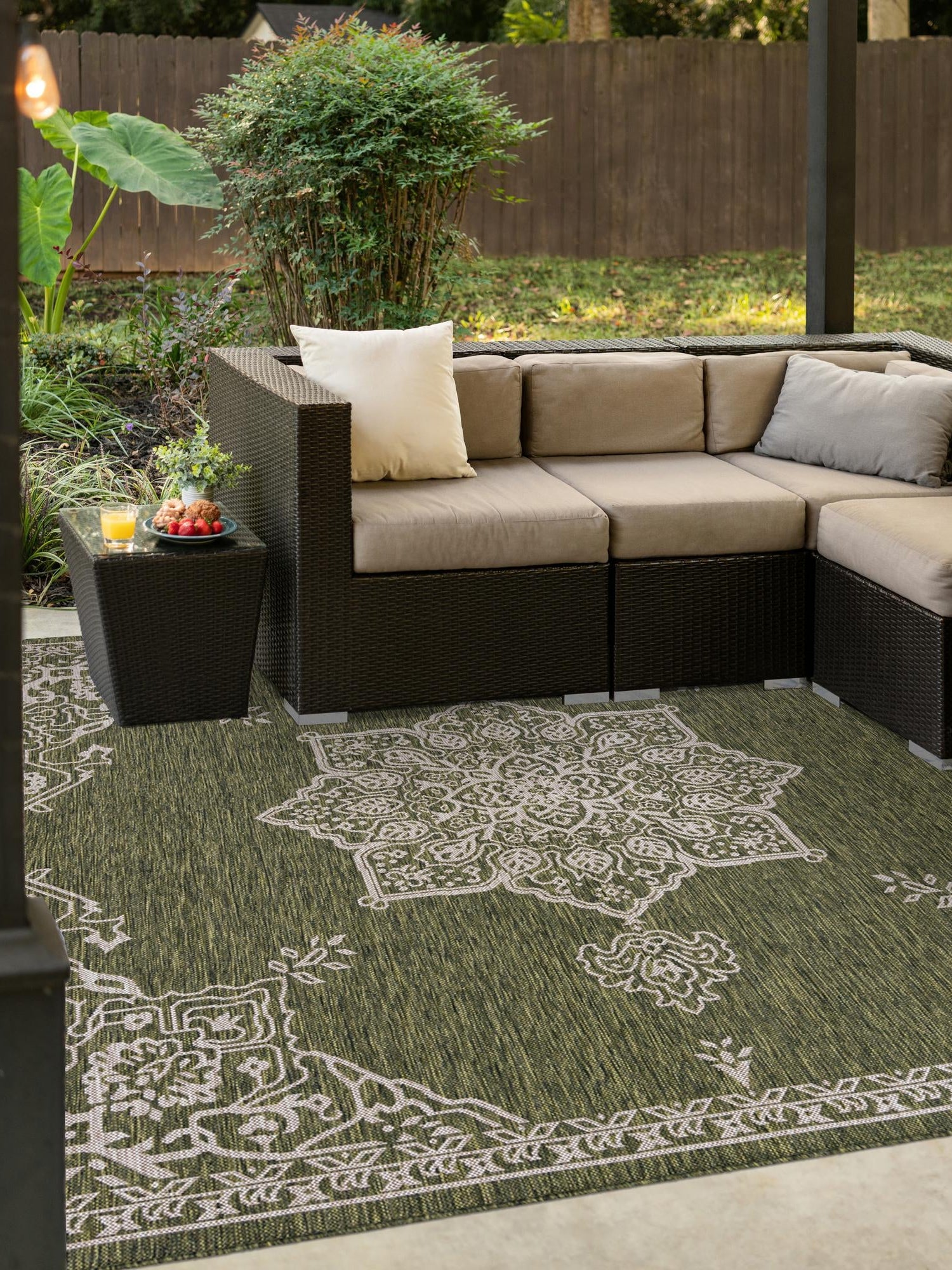 Green 12' x 12' Outdoor Traditional Square Area Rug Weather Resistant for Patio, Deck, Terrace, Balcony, Porch Classical Design Outside Carpet for Sale at Rug Engine