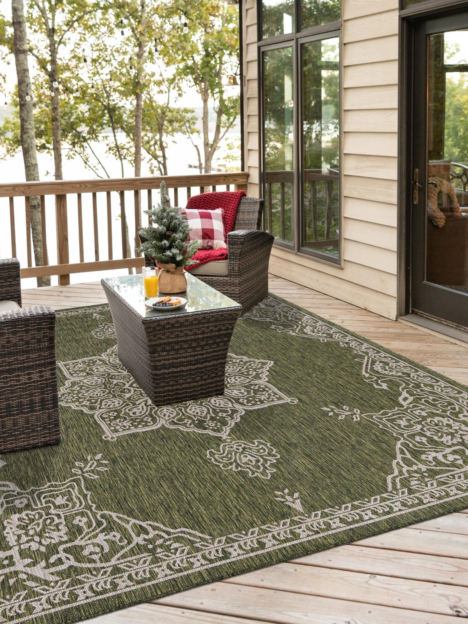 Green 12' x 12' Outdoor Traditional Square Area Rug Weather Resistant for Patio, Deck, Terrace, Balcony, Porch Classical Design Outside Carpet for Sale at Rug Engine