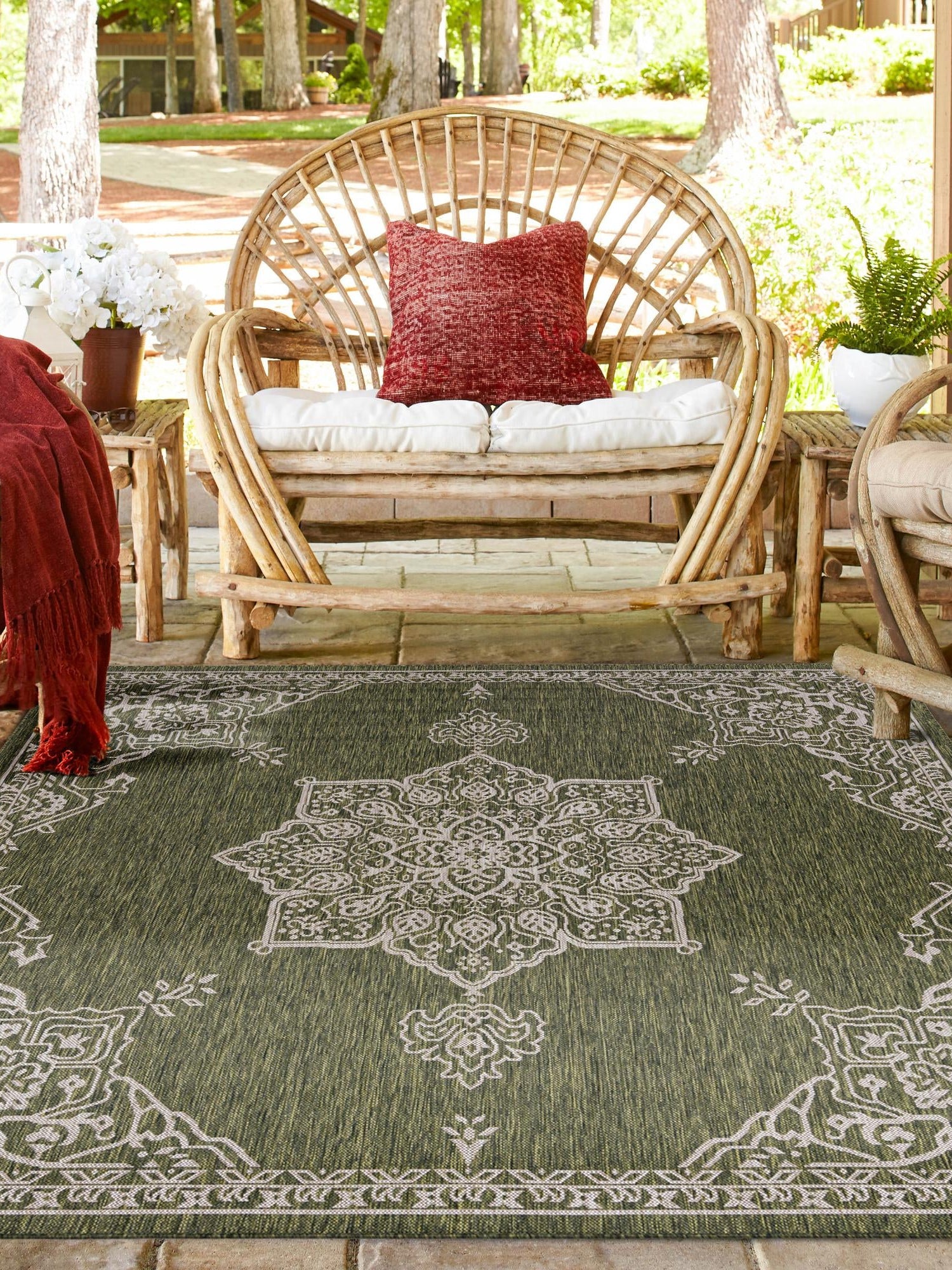 Green 12' x 12' Outdoor Traditional Square Area Rug Weather Resistant for Patio, Deck, Terrace, Balcony, Porch Classical Design Outside Carpet for Sale at Rug Engine