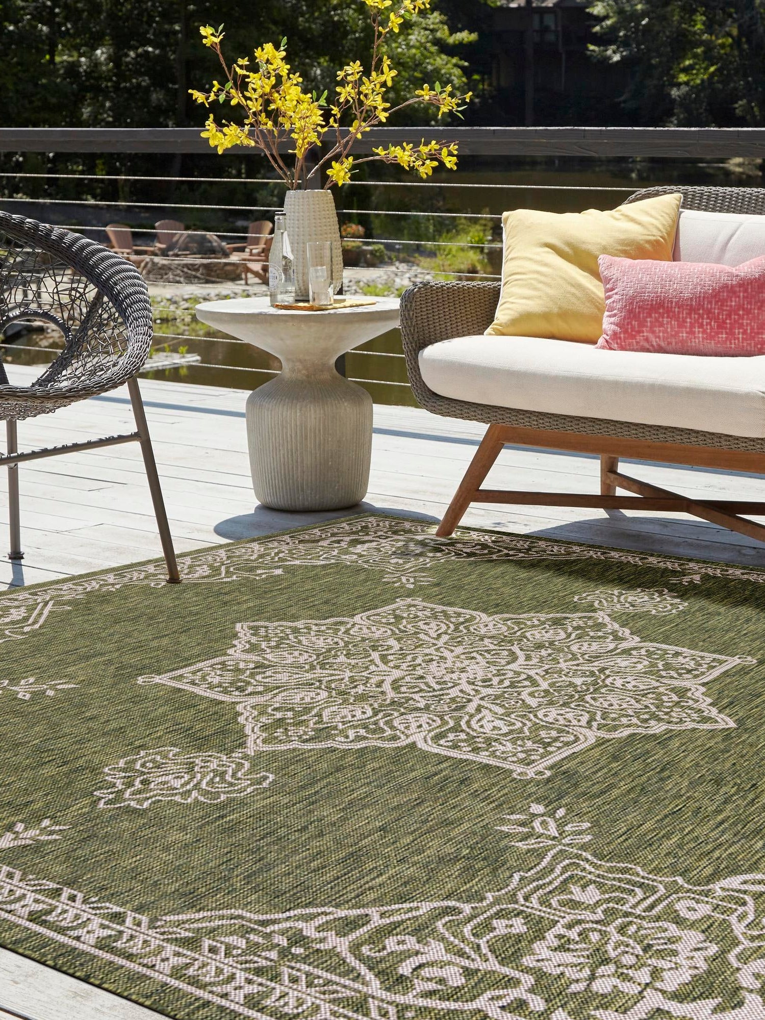 Green 12' x 12' Outdoor Traditional Square Area Rug Weather Resistant for Patio, Deck, Terrace, Balcony, Porch Classical Design Outside Carpet for Sale at Rug Engine