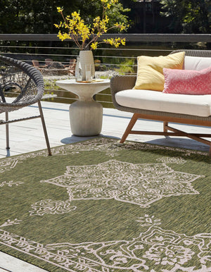 Green 12' x 12' Outdoor Traditional Square Area Rug Weather Resistant for Patio, Deck, Terrace, Balcony, Porch Classical Design Outside Carpet for Sale at Rug Engine