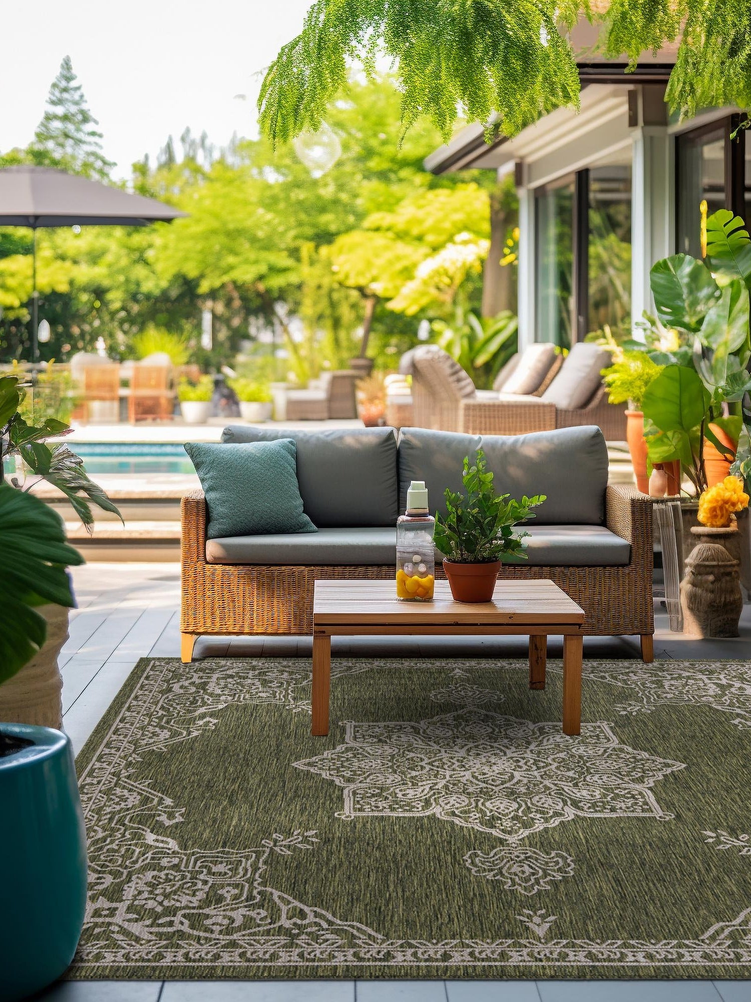 Green 12' x 12' Outdoor Traditional Square Area Rug Weather Resistant for Patio, Deck, Terrace, Balcony, Porch Classical Design Outside Carpet for Sale at Rug Engine