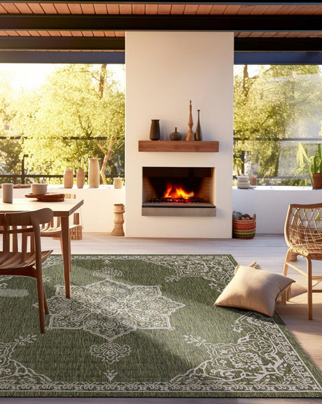 Green 10' x 10' Outdoor Traditional Square Area Rug Weather Resistant for Patio, Deck, Terrace, Balcony, Porch Classical Design Outside Carpet for Sale at Rug Engine
