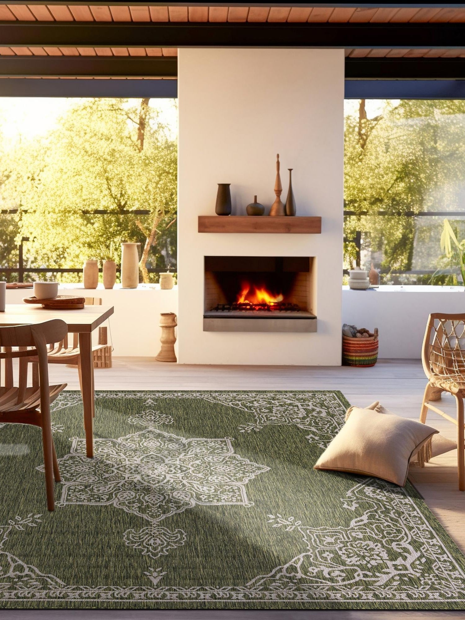 Green 12' x 12' Outdoor Traditional Square Area Rug Weather Resistant for Patio, Deck, Terrace, Balcony, Porch Classical Design Outside Carpet for Sale at Rug Engine