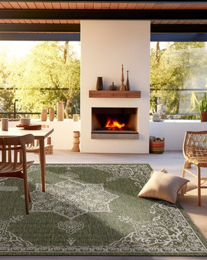 Green 12' x 12' Outdoor Traditional Square Area Rug Weather Resistant for Patio, Deck, Terrace, Balcony, Porch Classical Design Outside Carpet for Sale at Rug Engine