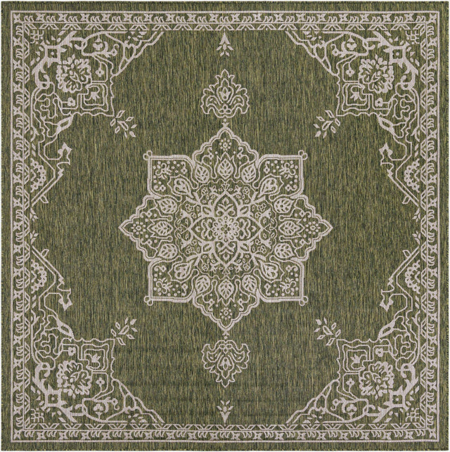 Green 7' 10 x 7' 10 Outdoor Traditional Square Area Rug Weather Resistant for Patio, Deck, Terrace, Balcony, Porch Classical Design Outside Carpet for Sale at Rug Engine