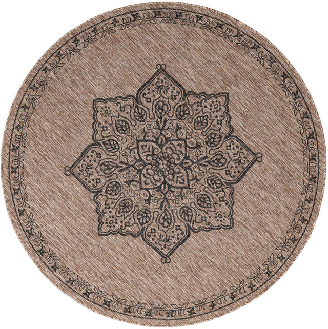 Beige 6' 1 x 6' 1 Outdoor Traditional Round Area Rug Weather Resistant for Patio, Deck, Terrace, Balcony, Porch Classical Design Outside Carpet for Sale at Rug Engine