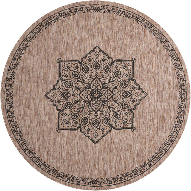 Beige 7' 10 x 7' 10 Outdoor Traditional Round Area Rug Weather Resistant for Patio, Deck, Terrace, Balcony, Porch Classical Design Outside Carpet for Sale at Rug Engine
