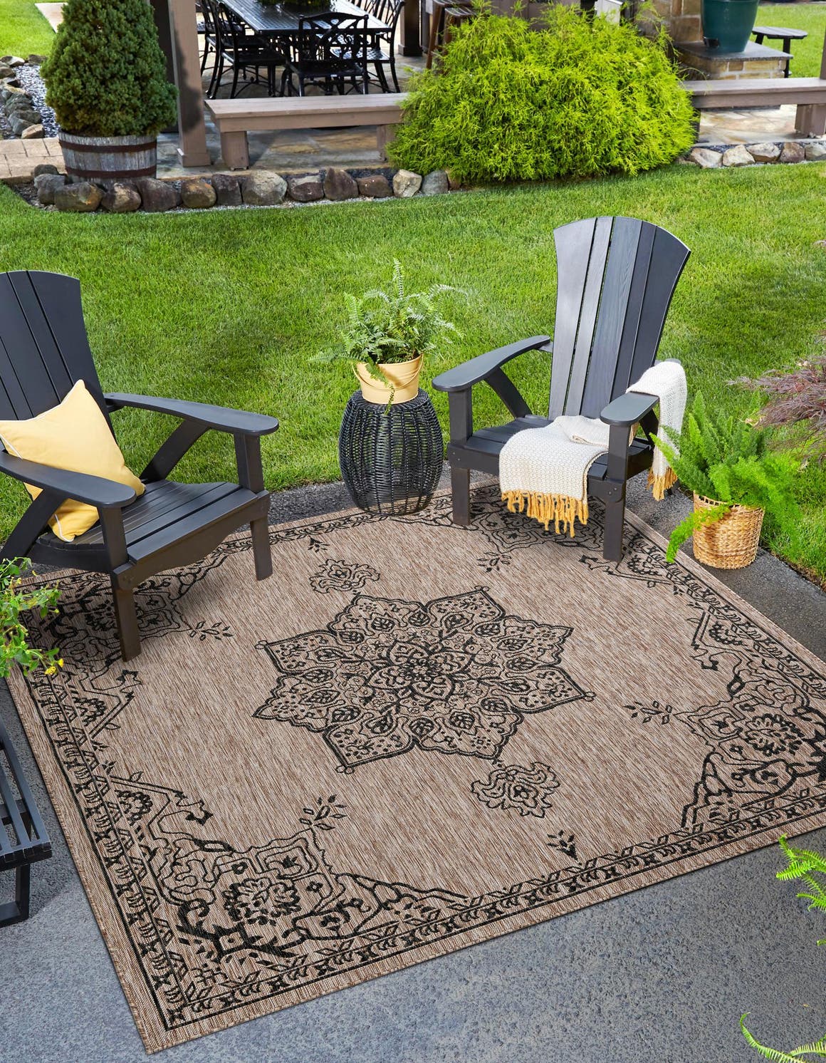 Beige 12' x 12' Outdoor Traditional Square Area Rug Weather Resistant for Patio, Deck, Terrace, Balcony, Porch Classical Design Outside Carpet for Sale at Rug Engine