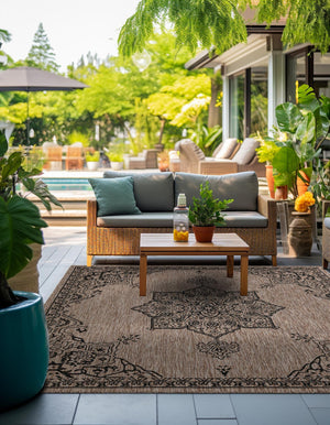 Beige 10' x 10' Outdoor Traditional Square Area Rug Weather Resistant for Patio, Deck, Terrace, Balcony, Porch Classical Design Outside Carpet for Sale at Rug Engine