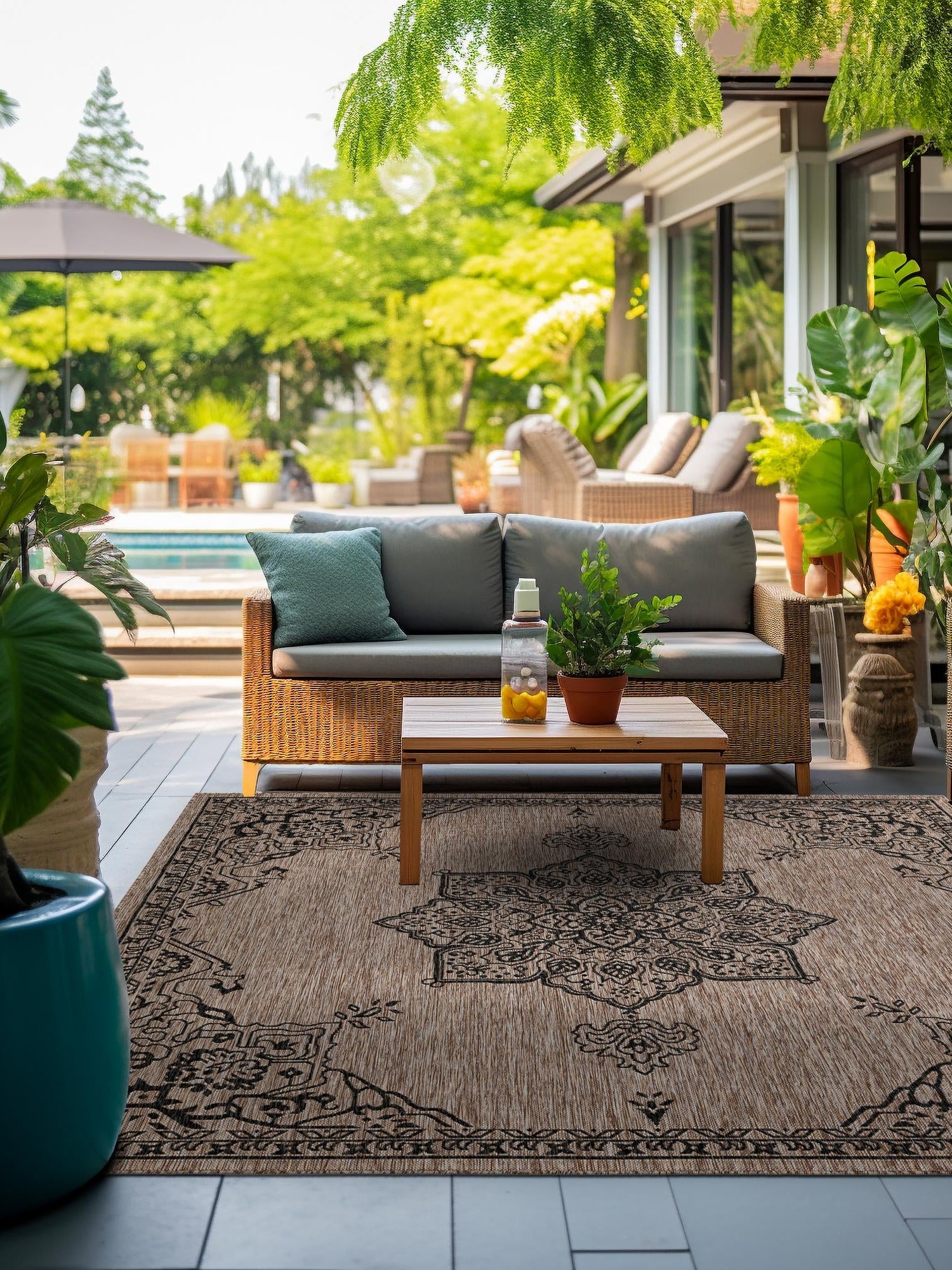 Beige 12' x 12' Outdoor Traditional Square Area Rug Weather Resistant for Patio, Deck, Terrace, Balcony, Porch Classical Design Outside Carpet for Sale at Rug Engine