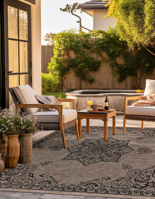Beige 10' x 10' Outdoor Traditional Square Area Rug Weather Resistant for Patio, Deck, Terrace, Balcony, Porch Classical Design Outside Carpet for Sale at Rug Engine