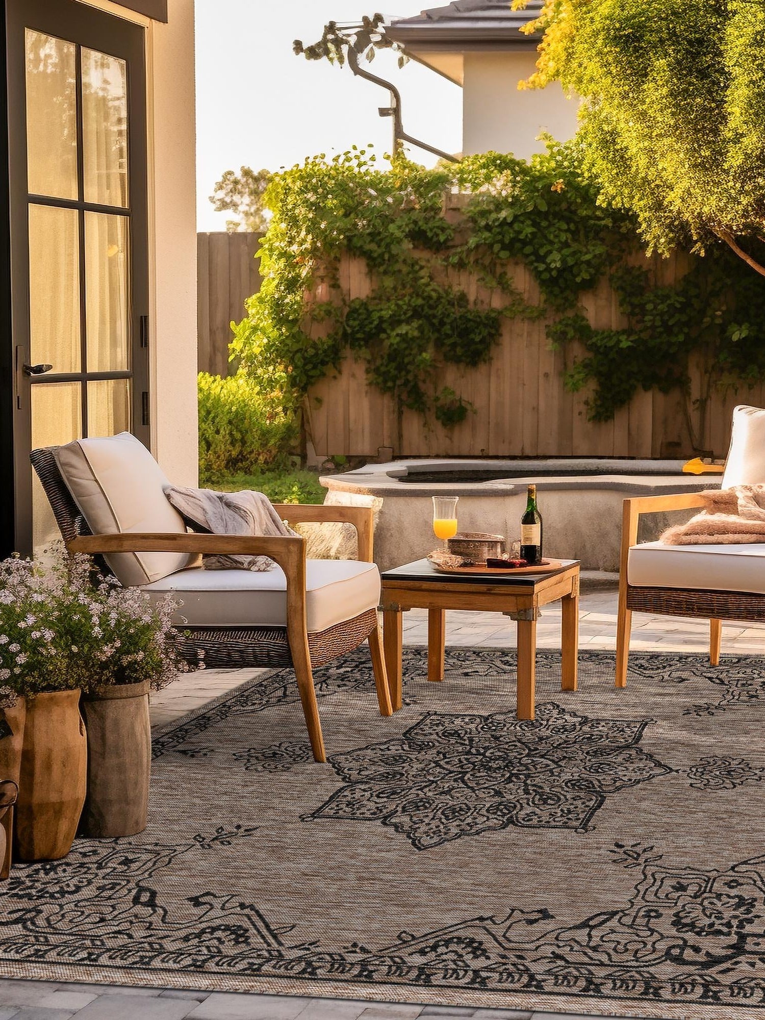 Beige 7' 10 x 7' 10 Outdoor Traditional Square Area Rug Weather Resistant for Patio, Deck, Terrace, Balcony, Porch Classical Design Outside Carpet for Sale at Rug Engine