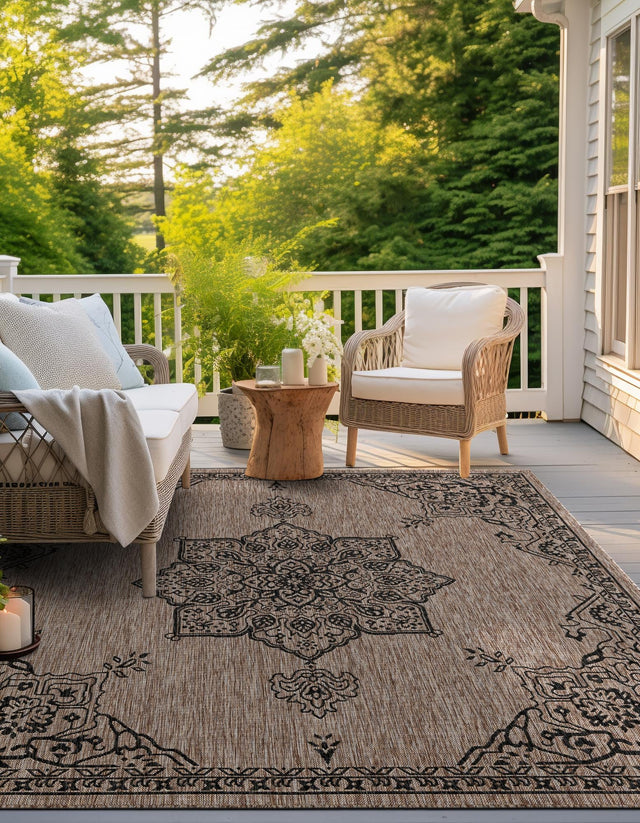 Beige 10' x 10' Outdoor Traditional Square Area Rug Weather Resistant for Patio, Deck, Terrace, Balcony, Porch Classical Design Outside Carpet for Sale at Rug Engine