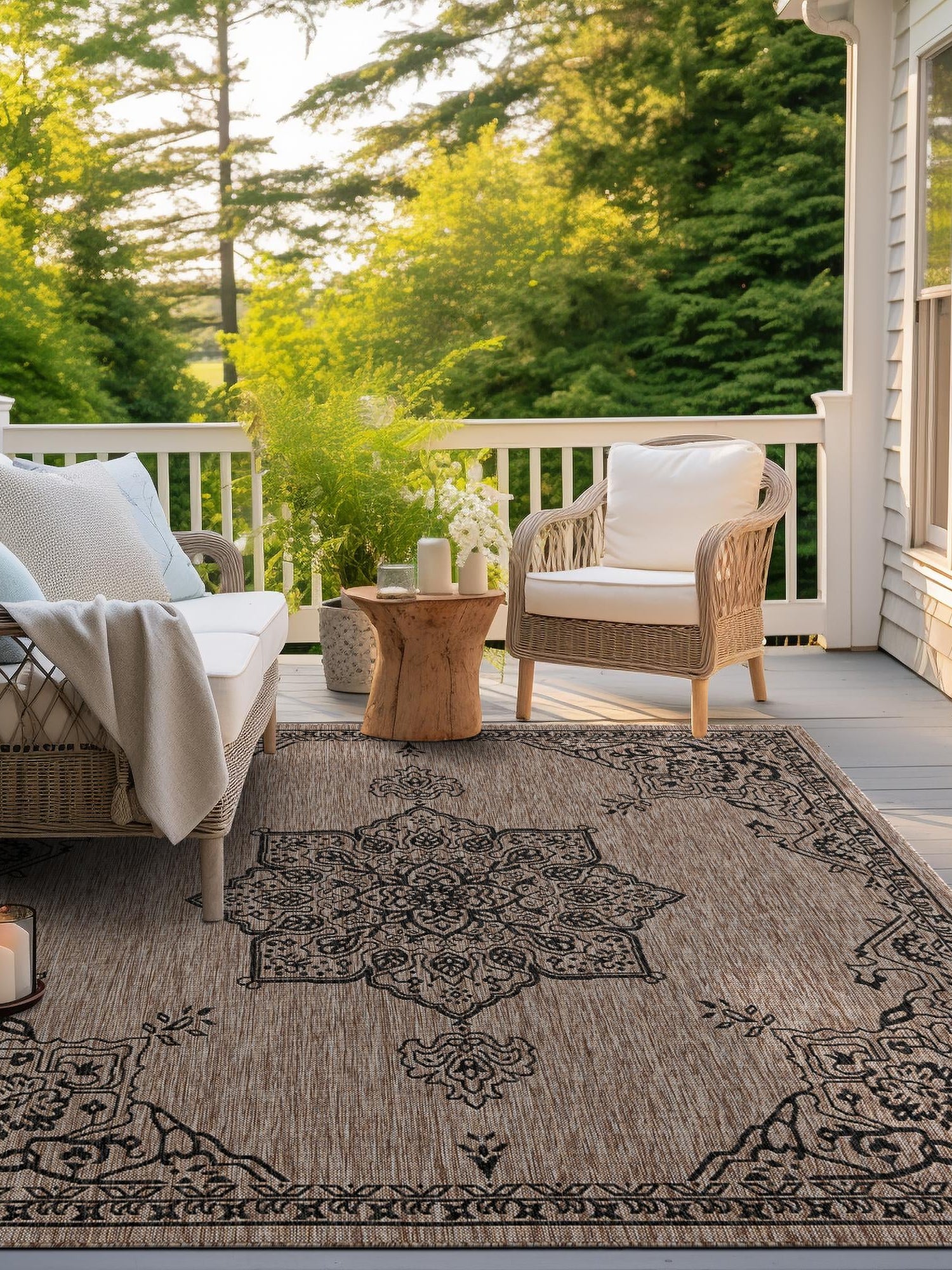 Beige 12' x 12' Outdoor Traditional Square Area Rug Weather Resistant for Patio, Deck, Terrace, Balcony, Porch Classical Design Outside Carpet for Sale at Rug Engine