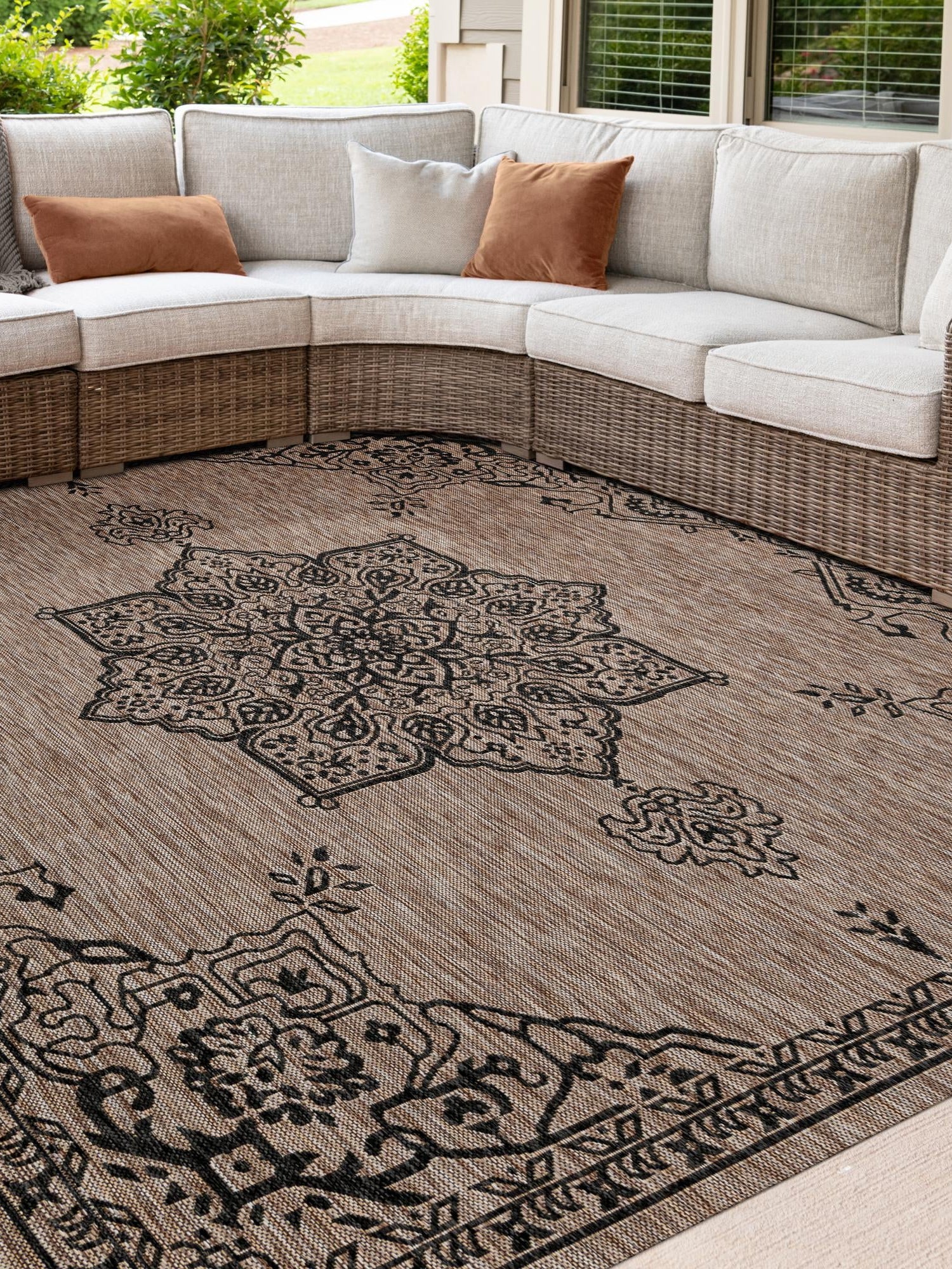 Beige 7' 10 x 7' 10 Outdoor Traditional Square Area Rug Weather Resistant for Patio, Deck, Terrace, Balcony, Porch Classical Design Outside Carpet for Sale at Rug Engine
